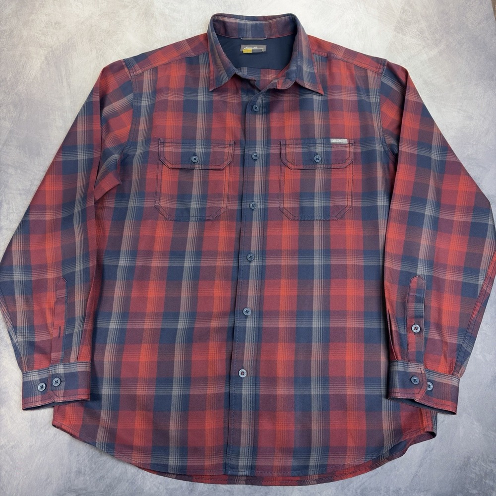 Eddie Bauer Button Down Shirt Mens Large Red Plaid Outdoor Long Sleeve‎ Pockets